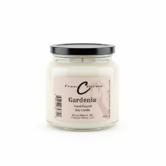 Gardenia Soy Candle - 18 oz. hand-poured candle in an apothecary jar with a black lid.