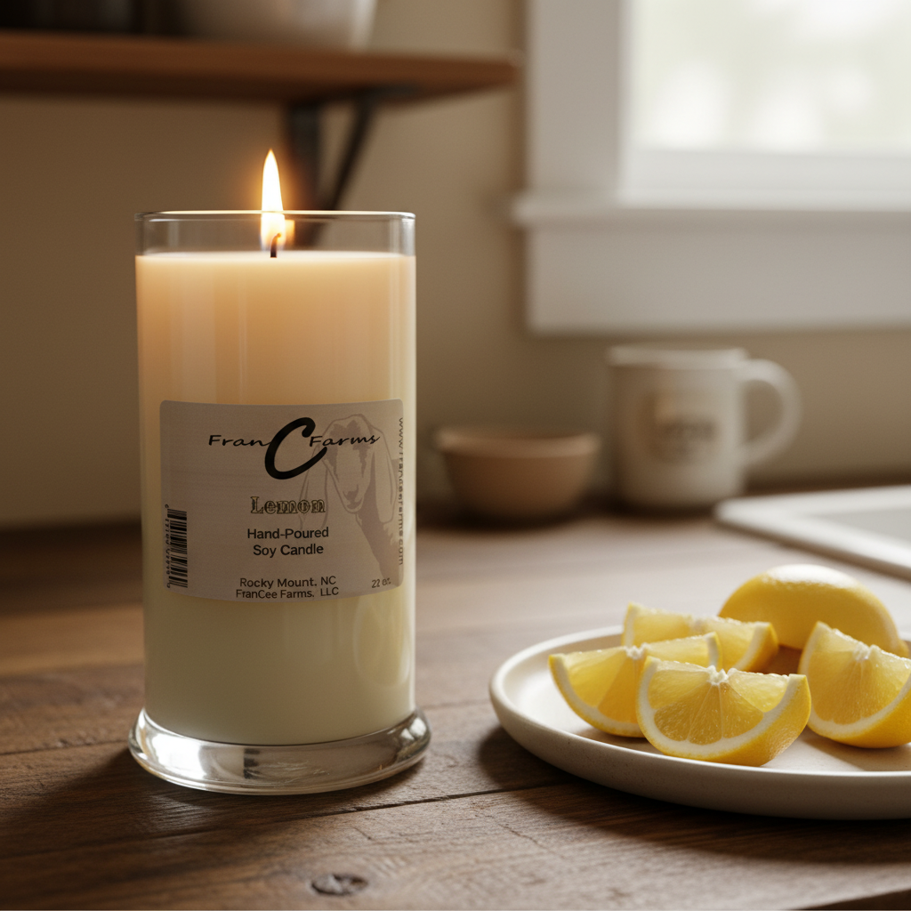 Lemon soy candle in glass jar with lit wick and sliced lemons on a wooden table, perfect for freshening bathrooms and kitchens.
