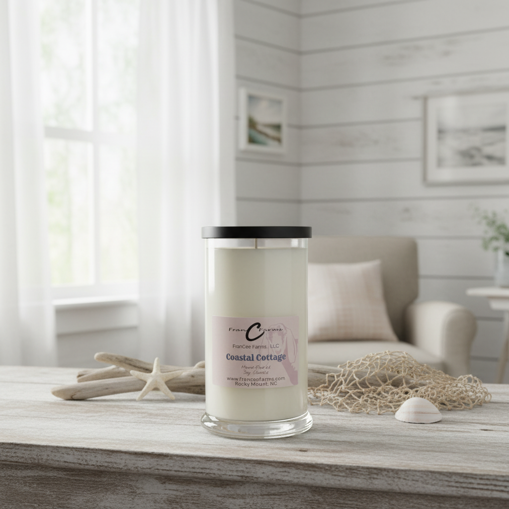 Coastal Cottage Soy Candle - 21 oz. Status Jar displayed in a cozy beachside setting with natural decor.