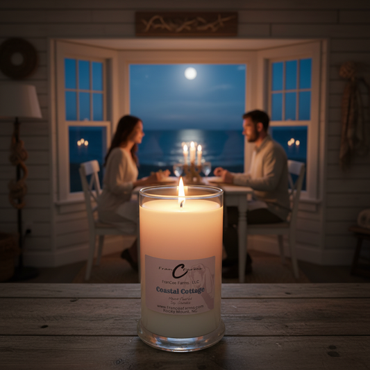 Coastal Cottage Soy Candle lit on a rustic table with a couple dining by the ocean at night.