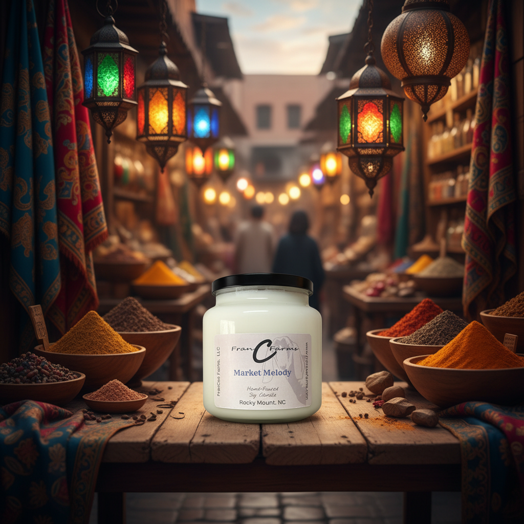 Market Melody soy candle displayed in a vibrant Moroccan spice market setting with colorful lanterns.