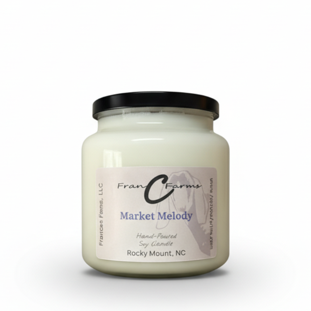 Market Melody soy candle in an 18 oz. apothecary jar, handcrafted and aromatic.
