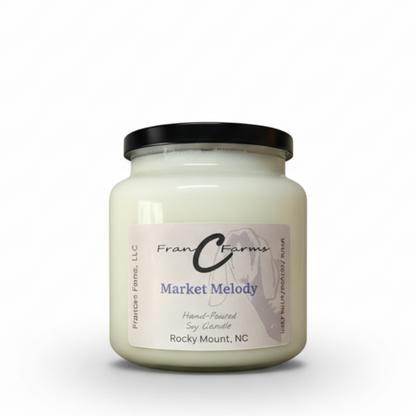 Market Melody soy candle in an 18 oz. apothecary jar, handcrafted and aromatic.