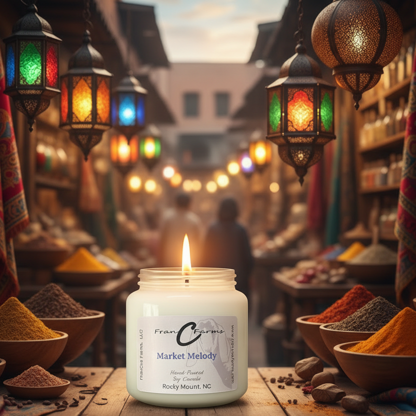 Market Melody soy candle in an apothecary jar surrounded by spices and colorful lanterns in a Moroccan market setting.
