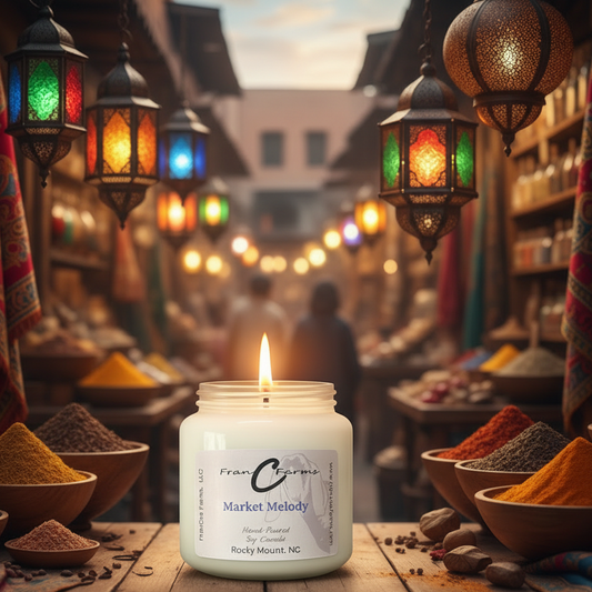 Market Melody soy candle in an apothecary jar surrounded by spices and colorful lanterns in a Moroccan market setting.