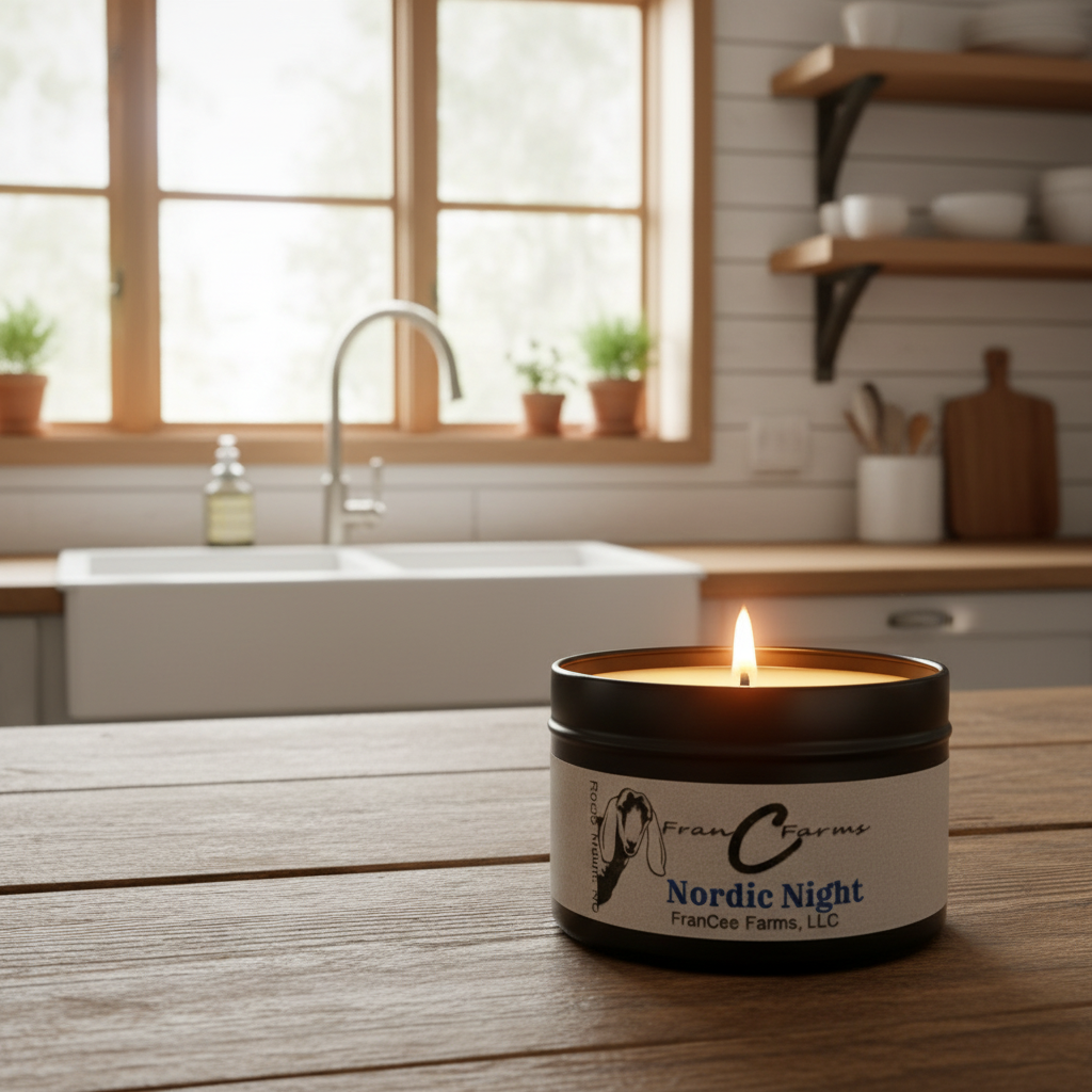 Nordic night soy candle in a cozy kitchen setting on a wooden table, creating a warm ambiance.