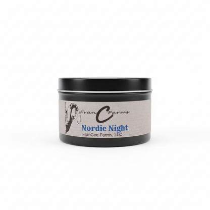 Nordic night soy candle in an 8 oz. tin by FranC Farms, evoking winter wonderland scents.