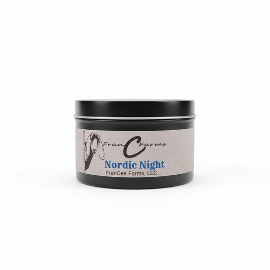 Nordic night soy candle in an 8 oz. tin by FranC Farms, evoking winter wonderland scents.