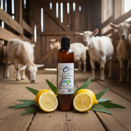 lemon eucalyptus goat milk lotion bottle with lemons and goats in background