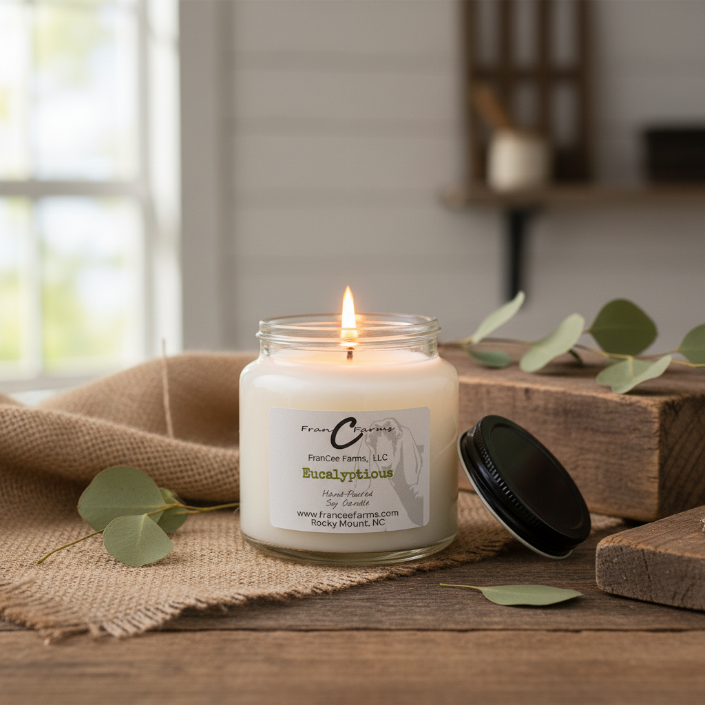 Eucalyptious Soy Candle in an apothecary jar with a lit wick and eucalyptus leaves on a wooden surface.