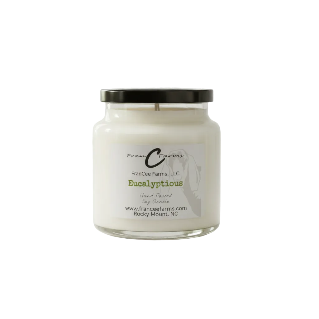 Eucalyptious Soy Candle in 18 oz. Apothecary jar with Eucalyptus scent for relaxation.