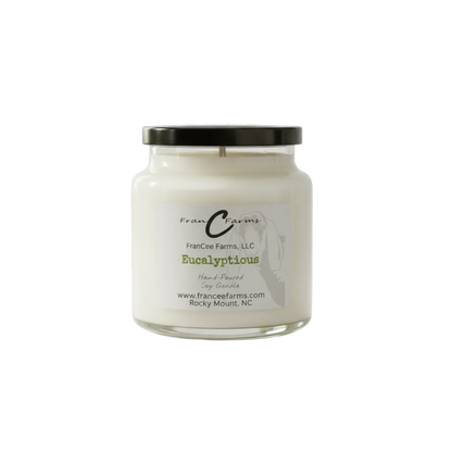 Eucalyptious Soy Candle in 18 oz. Apothecary jar with Eucalyptus scent for relaxation.