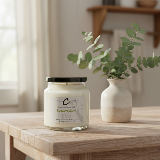Eucalyptious Soy Candle in an 18 oz. apothecary jar on a wooden table with greenery in the background.