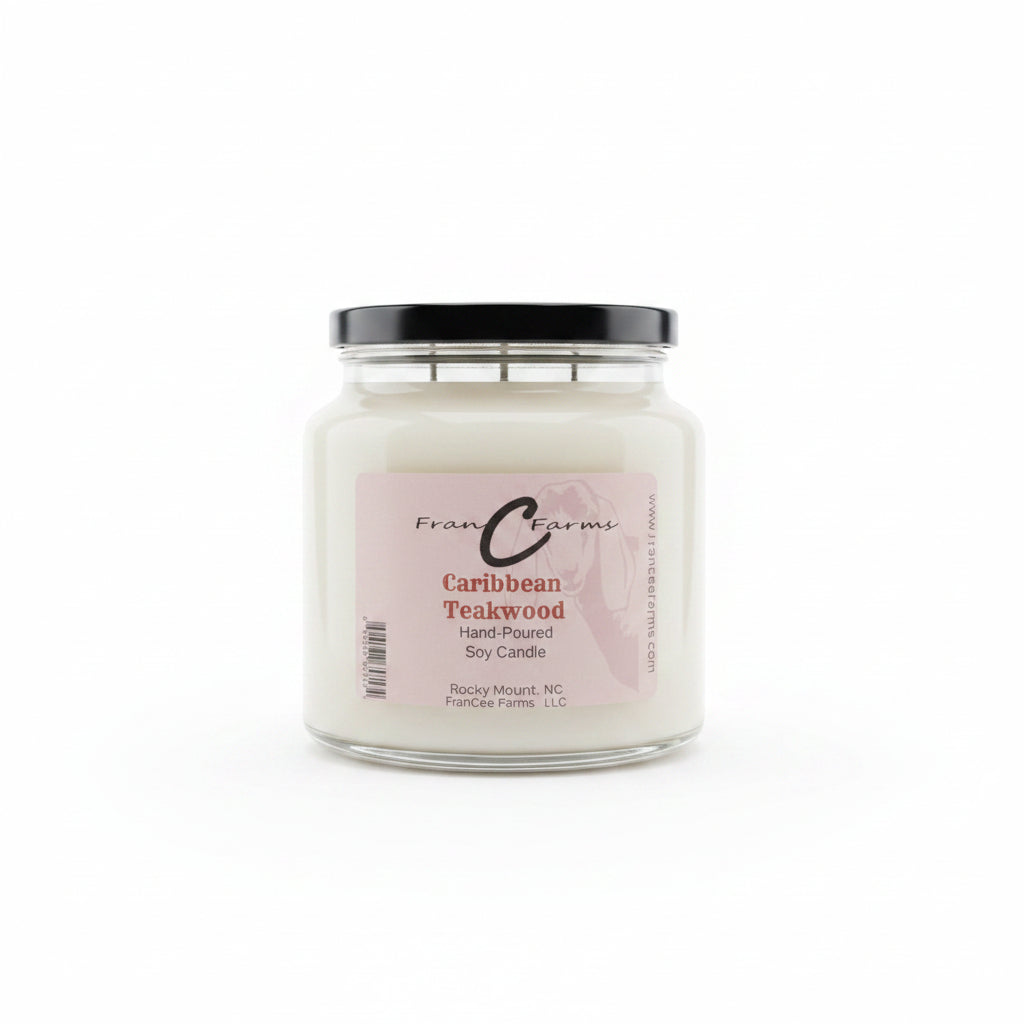 Caribbean Teakwood Soy Candle in an 18 oz. apothecary jar, hand-poured, with a complex fragrance profile.