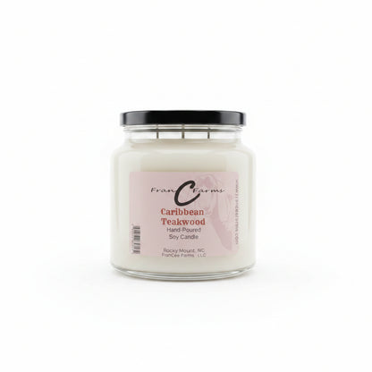 Caribbean Teakwood Soy Candle in an 18 oz. apothecary jar, hand-poured, with a complex fragrance profile.