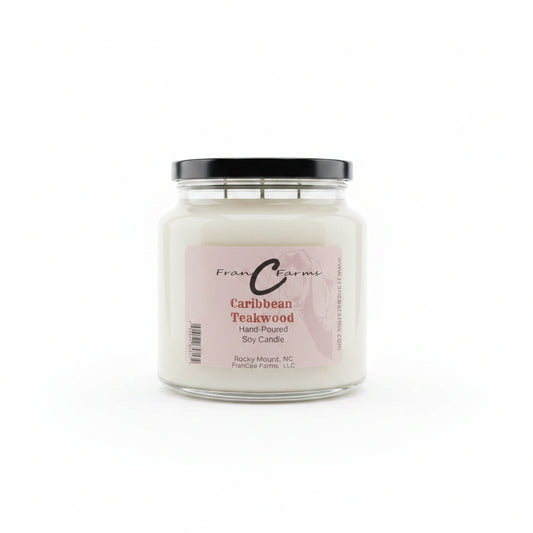 Caribbean Teakwood Soy Candle in an 18 oz. apothecary jar, hand-poured, with a complex fragrance profile.