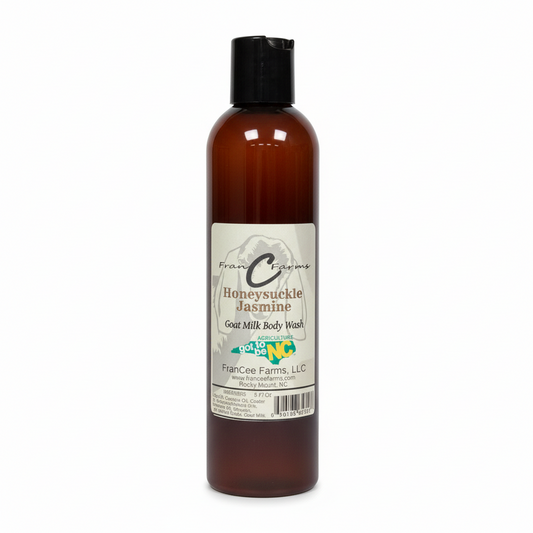 Honeysuckle Jasmine Goat Milk Body Wash - 8 oz bottle featuring floral scent and gentle cleansing.