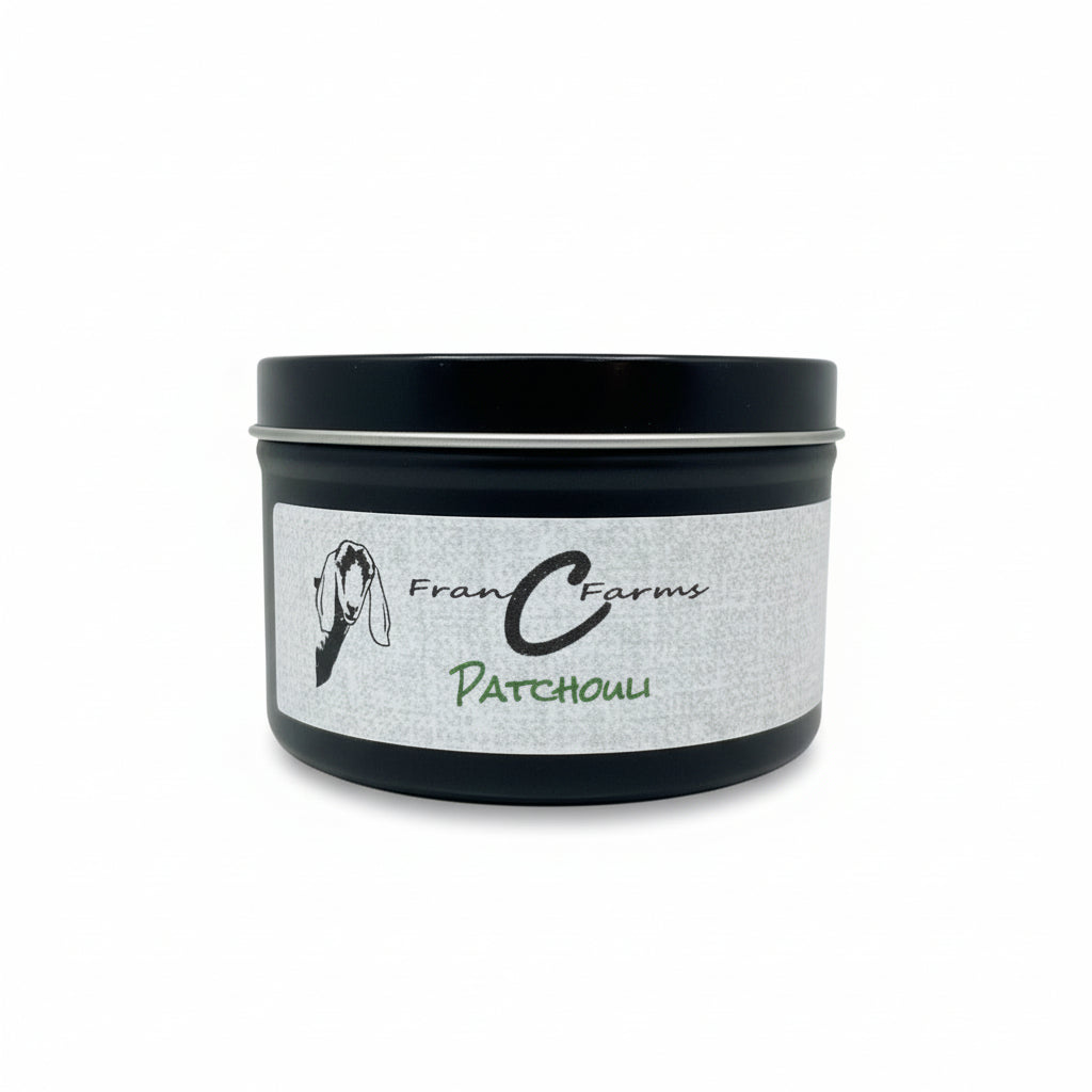 Patchouli Soy Candle- 8 oz. Tin by Fran Farms, showcasing the earthy aroma of patchouli.