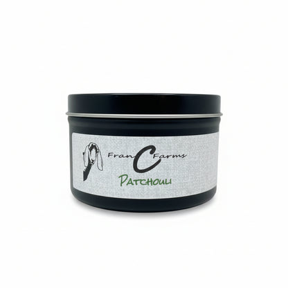 Patchouli Soy Candle- 8 oz. Tin by Fran Farms, showcasing the earthy aroma of patchouli.