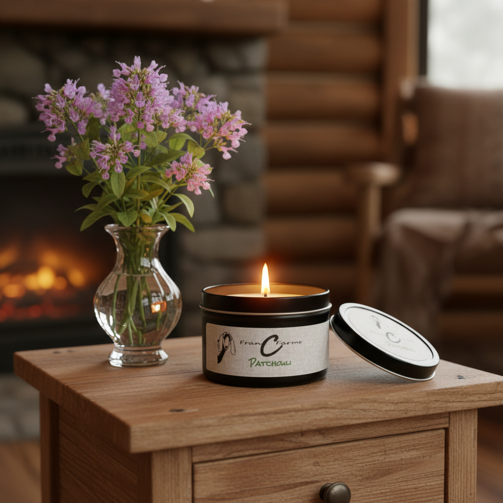 Patchouli Soy Candle in a black tin with floral arrangement on a wooden table, evoking a warm, cozy ambiance.