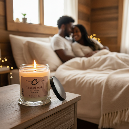 Cozy bedroom scene featuring a Tobacco Oud Soy Candle on a nightstand, creating a romantic atmosphere.