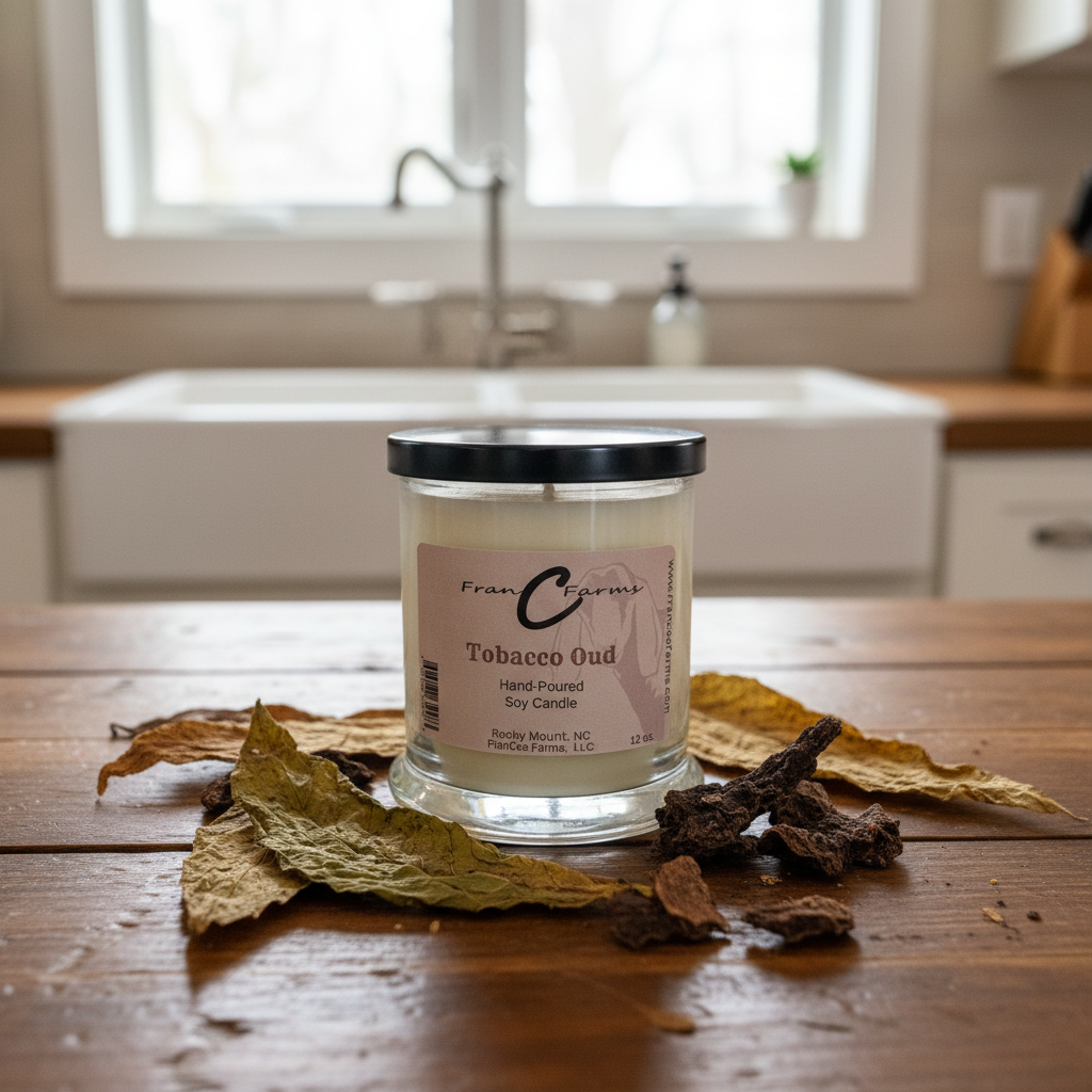 Tobacco Oud Soy Candle - 12 oz. jar displayed with natural elements on a wooden table.
