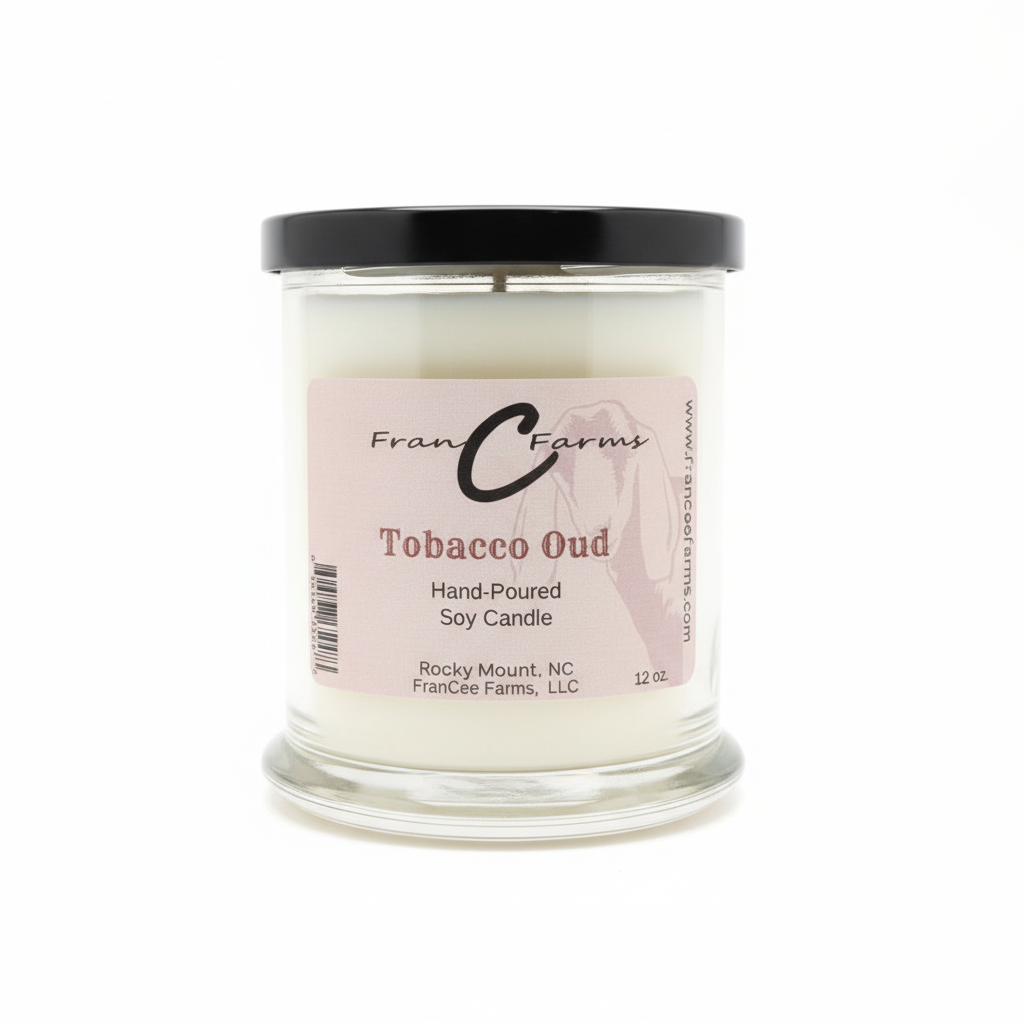 Tobacco Oud Soy Candle - 12 oz. Status Jar from FranCee Farms, hand-poured with a romantic fragrance.