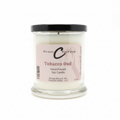 Tobacco Oud Soy Candle - 12 oz. Status Jar from FranCee Farms, hand-poured with a romantic fragrance.