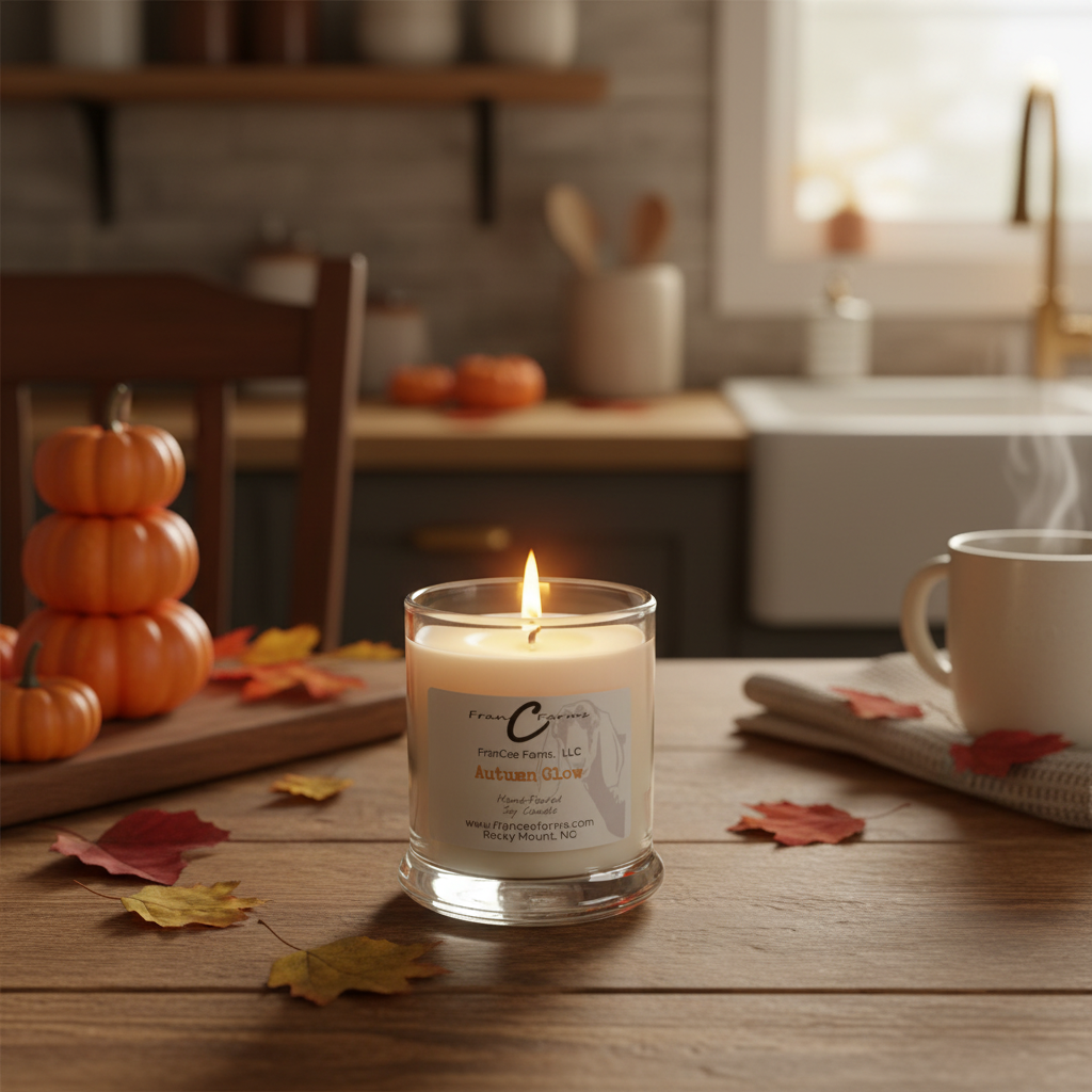Autumn Glow Soy Candle - 12 oz. in a cozy kitchen setting with pumpkins and autumn leaves.