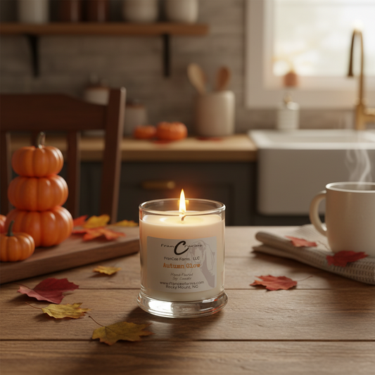 Autumn Glow Soy Candle - 12 oz. in a cozy kitchen setting with pumpkins and autumn leaves.