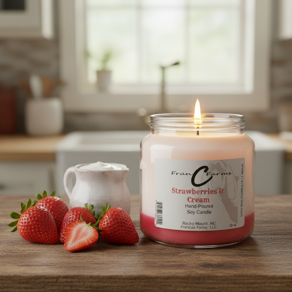 Strawberries & Cream Soy Candle - 18 oz. apothecary jar with fresh strawberries on a kitchen counter.