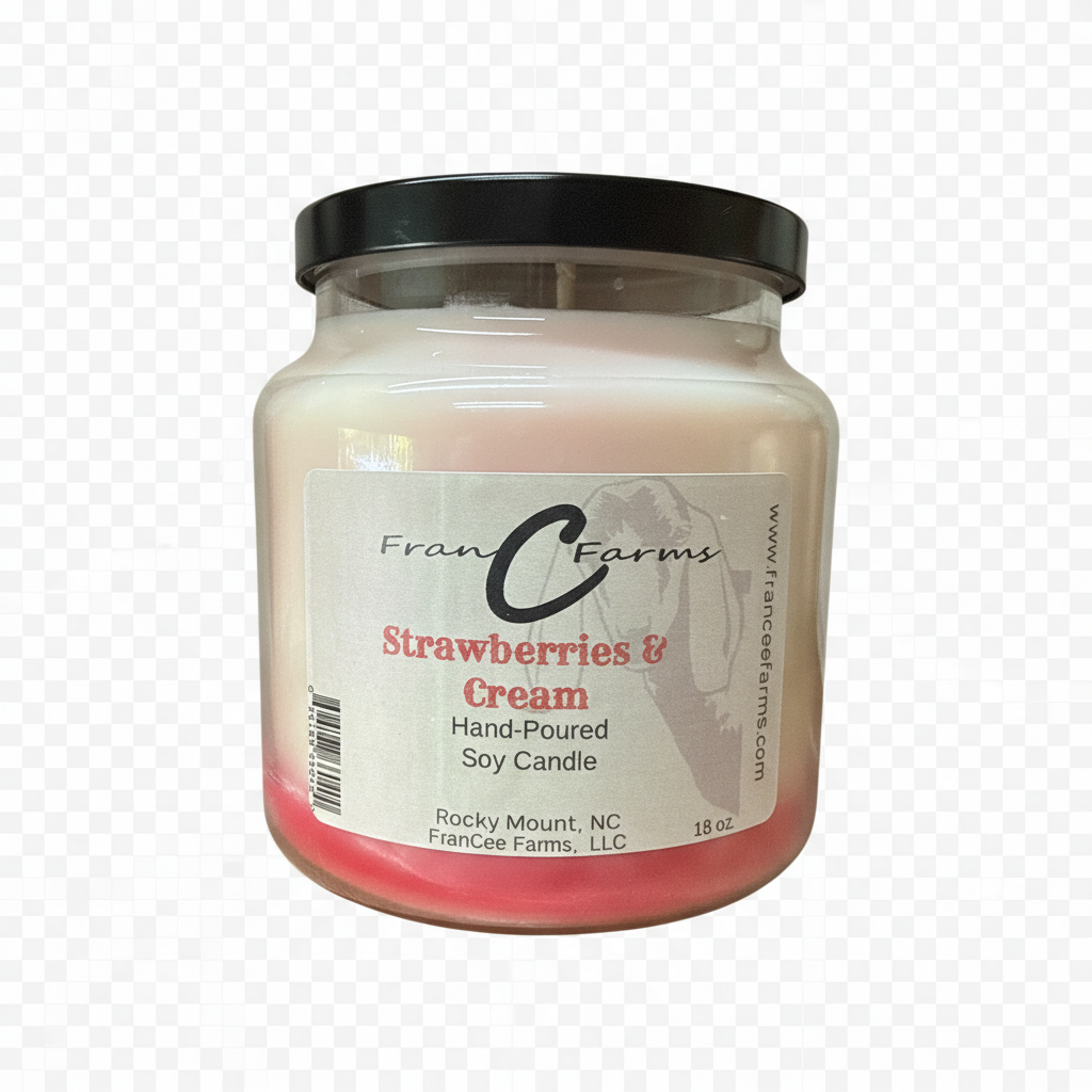 Strawberries & Cream Soy Candle - 18 oz. Apothecary jar, hand-poured candle from Franc Farms.
