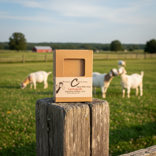 Love Spell Goat Milk Soap packaging on a wooden post with goats in a pasture background.