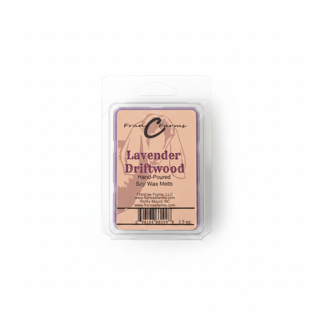 Lavender Driftwood Soy Wax Melts packaging showcasing the hand-poured scented wax melts in a clamshell.