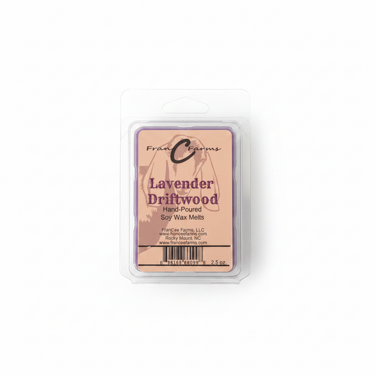 Lavender Driftwood Soy Wax Melts packaging showcasing the hand-poured scented wax melts in a clamshell.