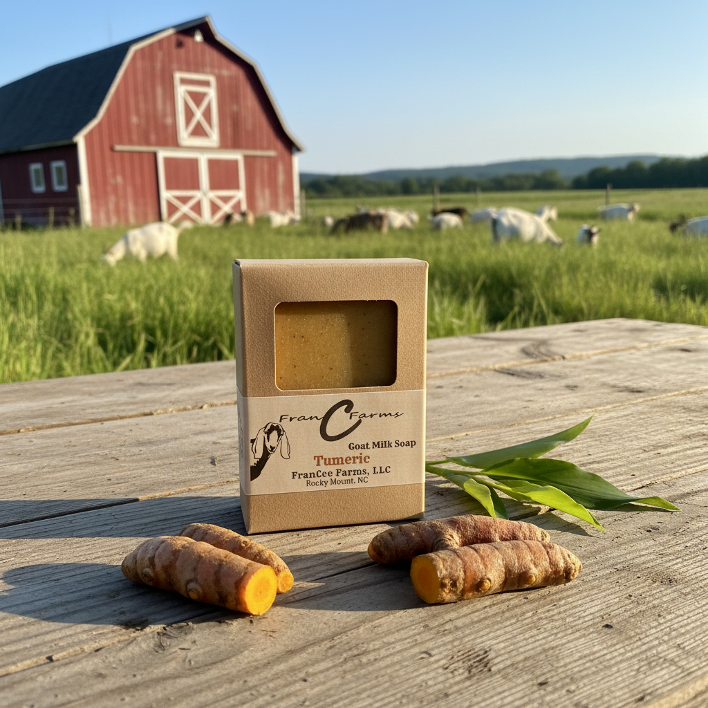 Turmeric Goat Milk Soap displayed with fresh turmeric roots in front of a barn and cows in a grassy field.