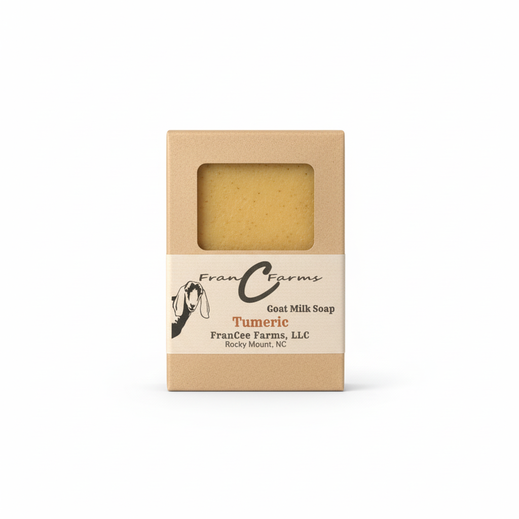 Turmeric Goat Milk Soap packaged elegantly in natural wrapping from FranCee Farms.