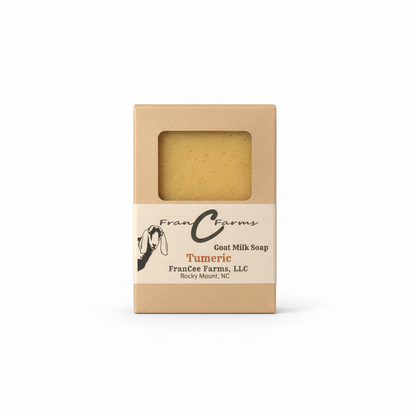 Turmeric Goat Milk Soap packaged elegantly in natural wrapping from FranCee Farms.