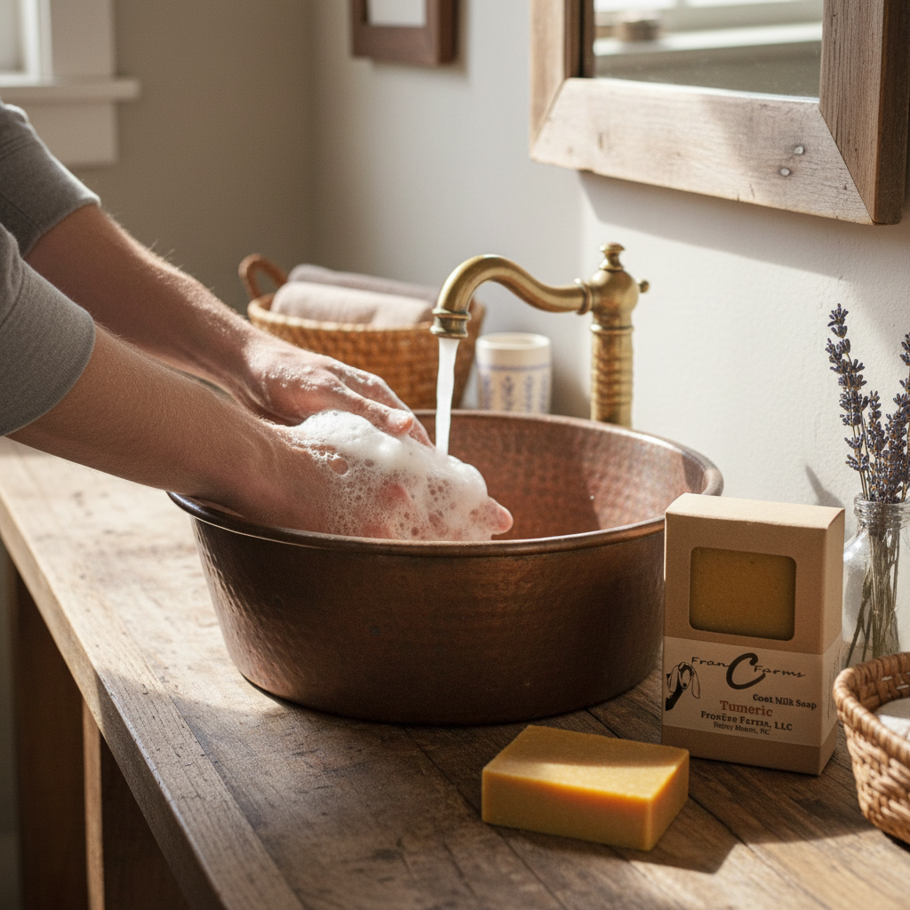 A person washing hands with bubbly Turmeric Goat Milk Soap in a rustic copper bowl on a wooden counter.