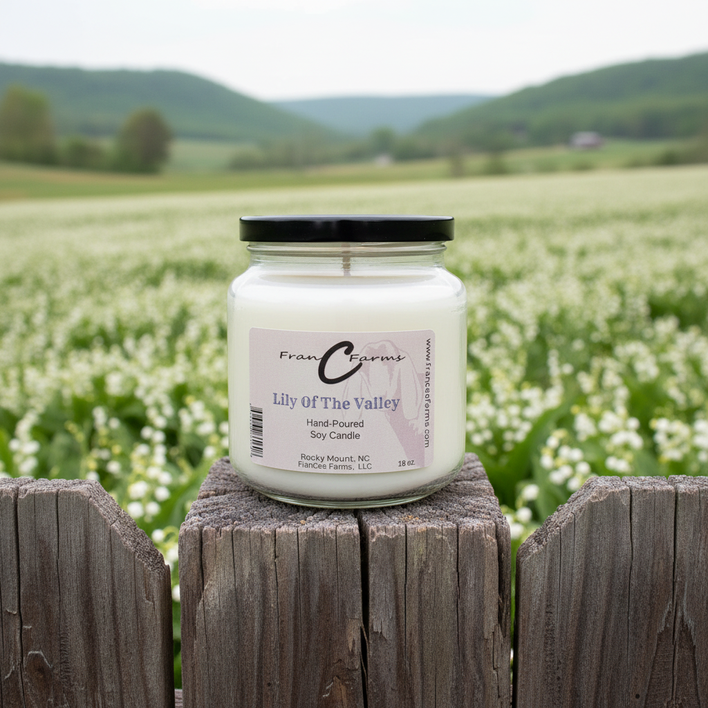 Lily of the Valley Soy Candle in apothecary jar on a wooden fence with a blooming field in the background.