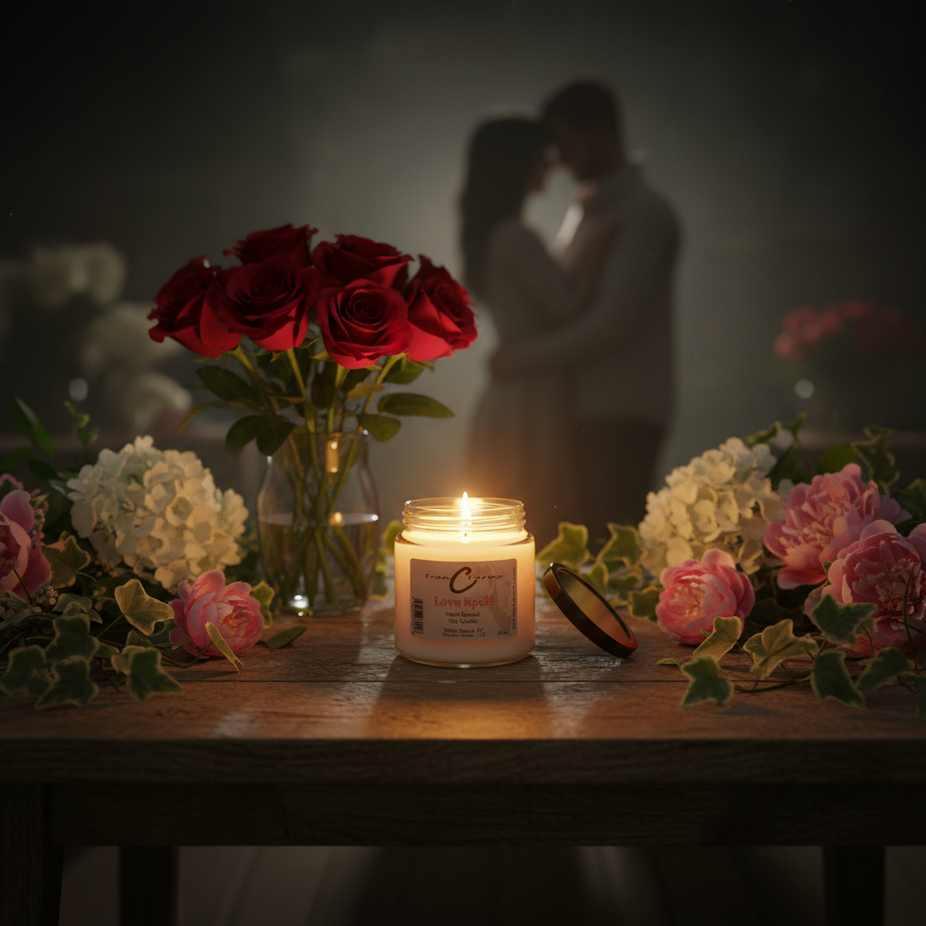 A lit Love Spell Soy Candle on a wooden table surrounded by flowers, setting a romantic atmosphere with a couple in the background.