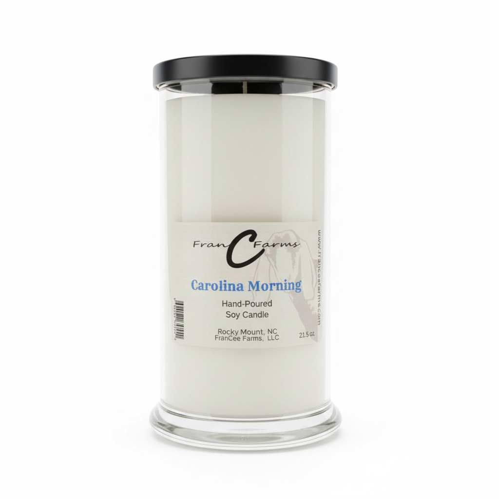 Carolina Morning soy candle in a clear glass jar, hand-poured, 21.5 oz, capturing fresh Carolina morning scents.