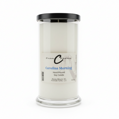 Carolina Morning soy candle in a clear glass jar, hand-poured, 21.5 oz, capturing fresh Carolina morning scents.