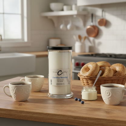 Carolina Morning soy candle displayed on a kitchen table beside coffee cups and a basket of bagels.
