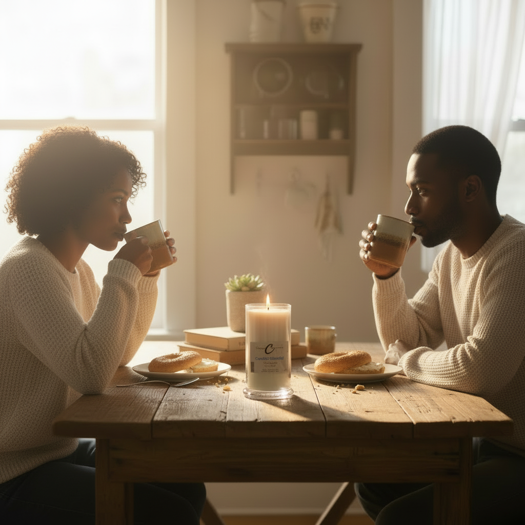 Couple enjoying Carolina Morning soy candle while having breakfast at a cozy table in their home.