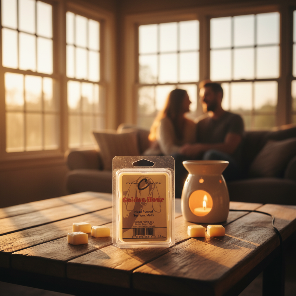Golden Hour Soy Wax Melts displayed on a wooden table with warm sunlight illuminating a cozy couple in the background.