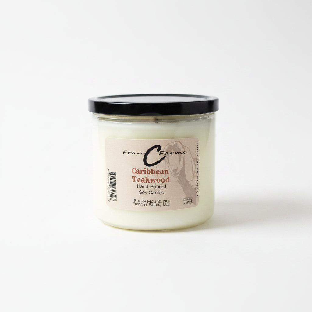 Caribbean Teakwood Soy Candle - 30 oz. hand-poured with a black lid and label design showcasing its rich fragrance.
