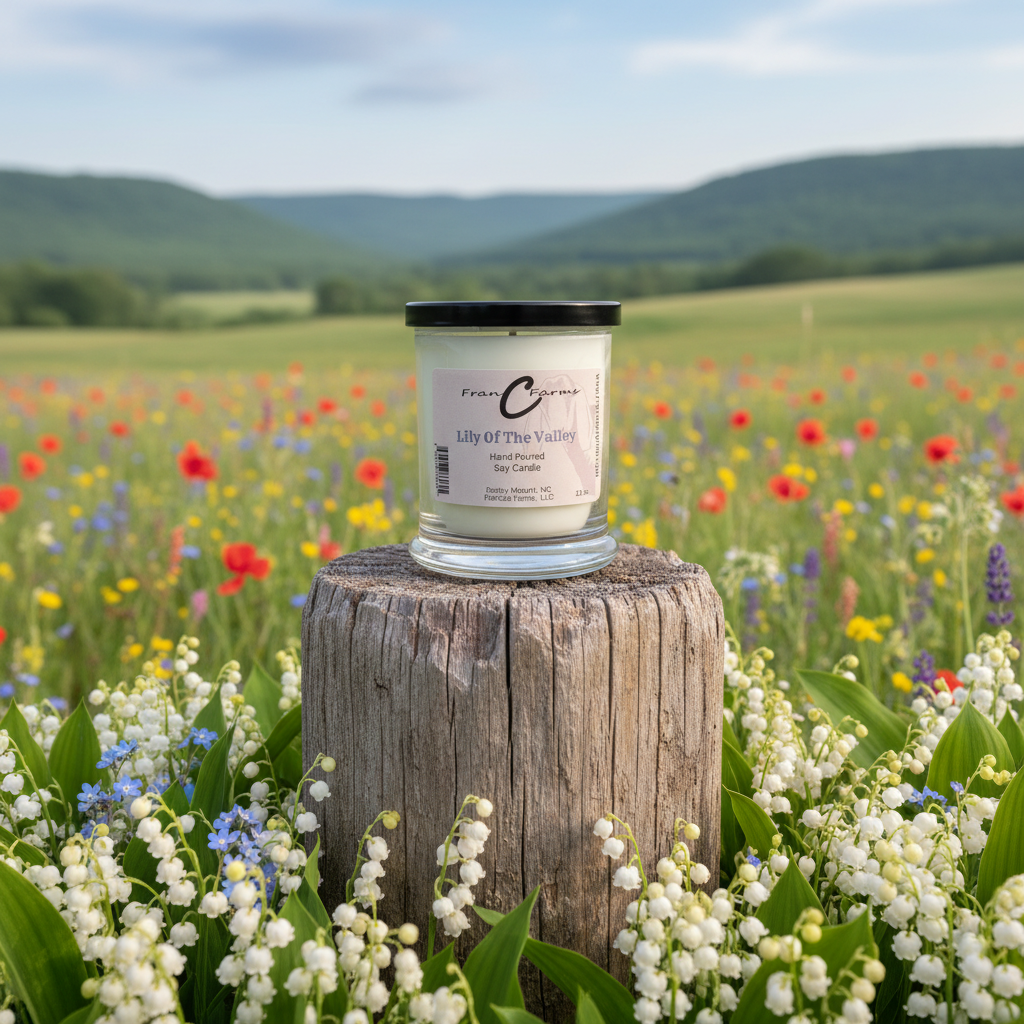 Lily of the Valley Soy Candle on a wooden stump in a vibrant flower field.
