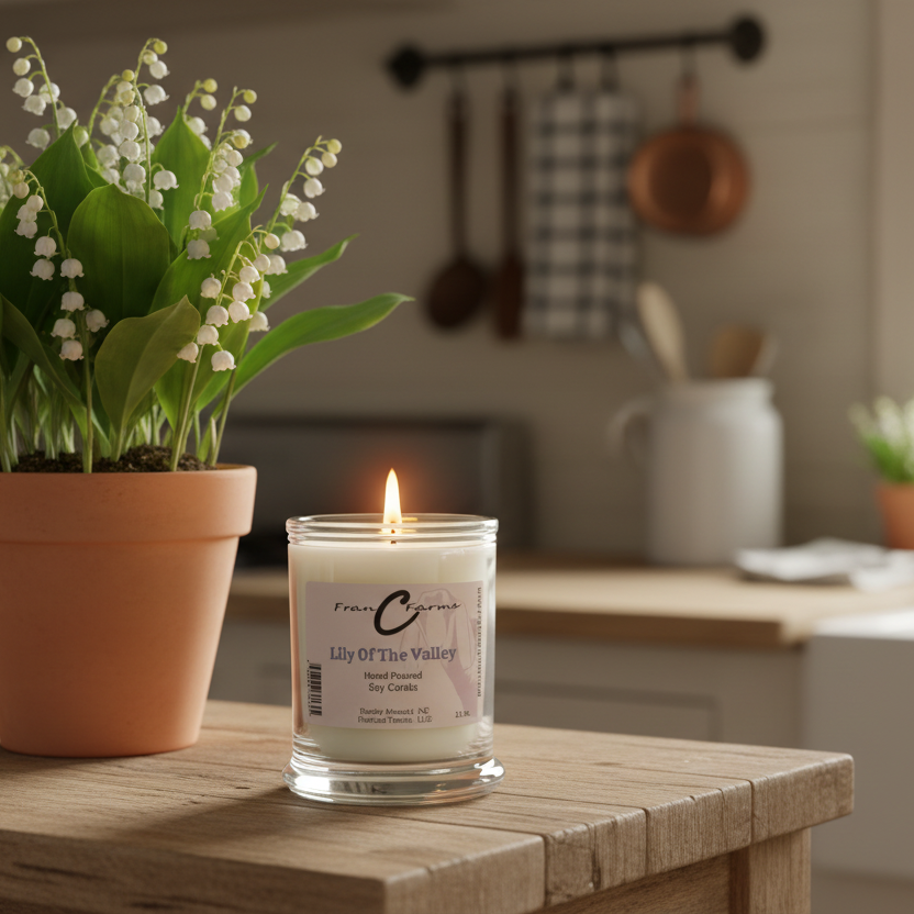 Lily of the Valley Soy Candle - 12 oz. Status Jar with green plants in a cozy kitchen setting.