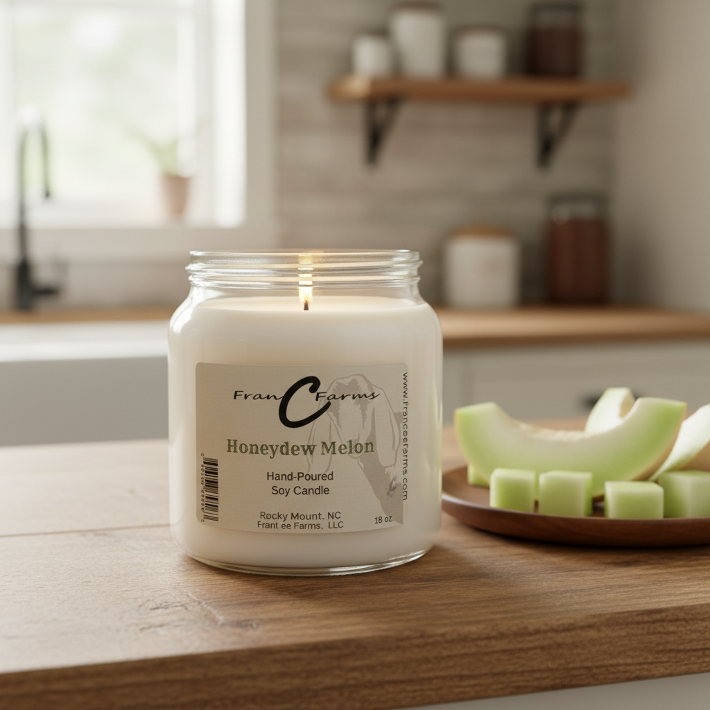 Honeydew Melon Soy Candle in an 18 oz. apothecary jar on a wooden table with melon slices.